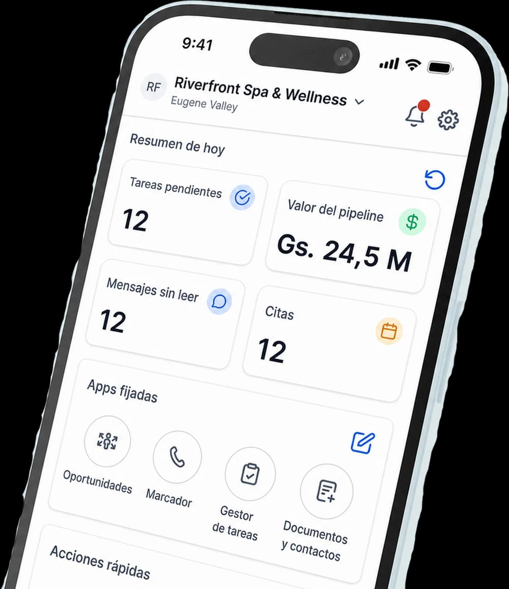 App móvil de Arizar IA con el resumen del día: tareas pendientes, valor del pipeline, mensajes sin leer y citas