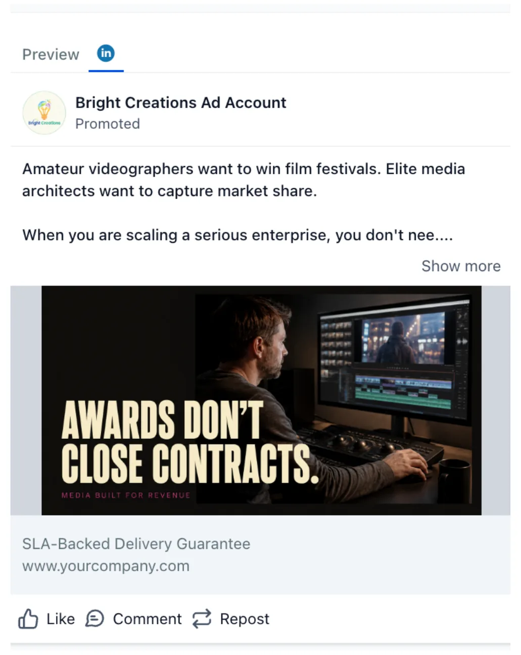 Producción y edición audiovisual — aviso de LinkedIn