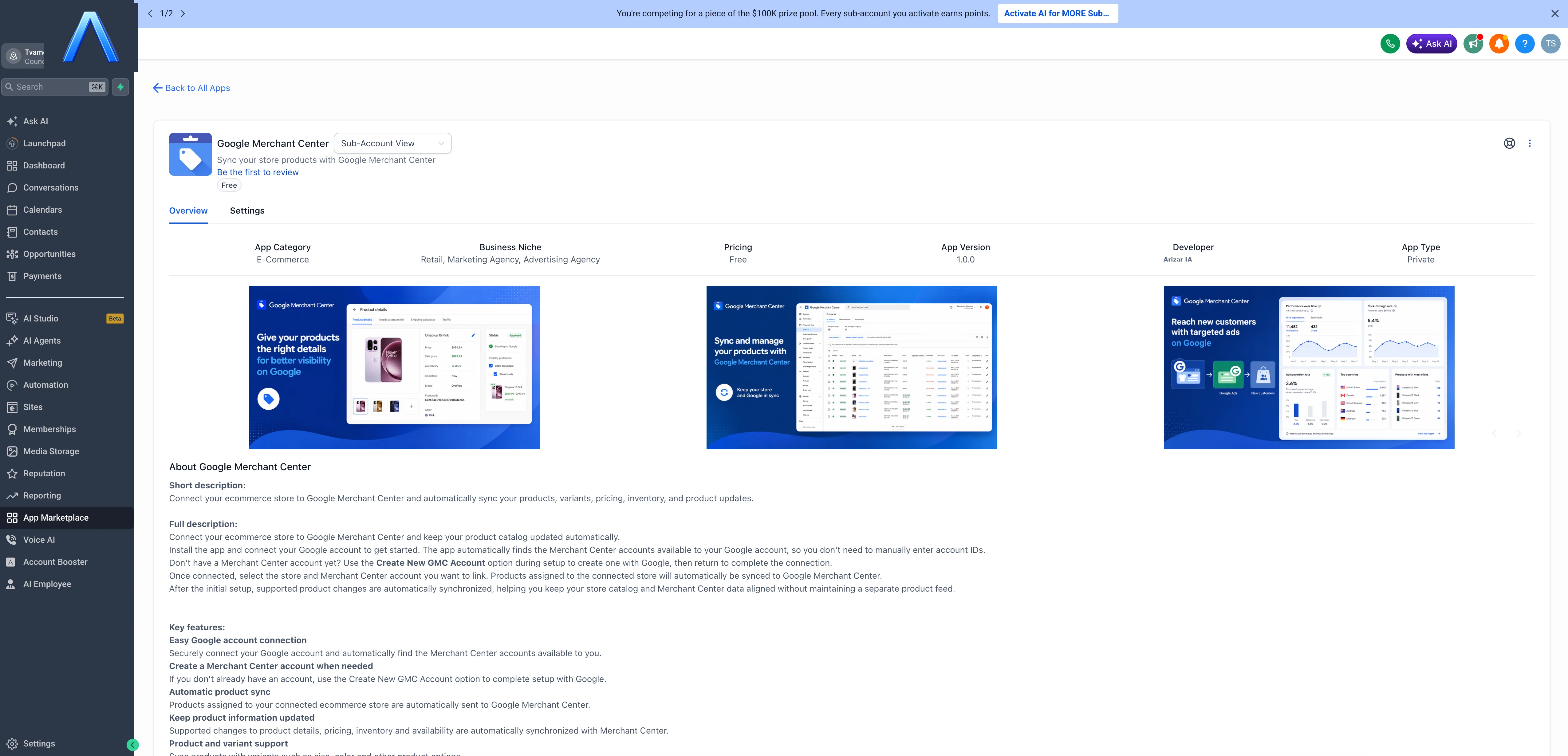 La aplicación de Google Merchant Center en el Marketplace