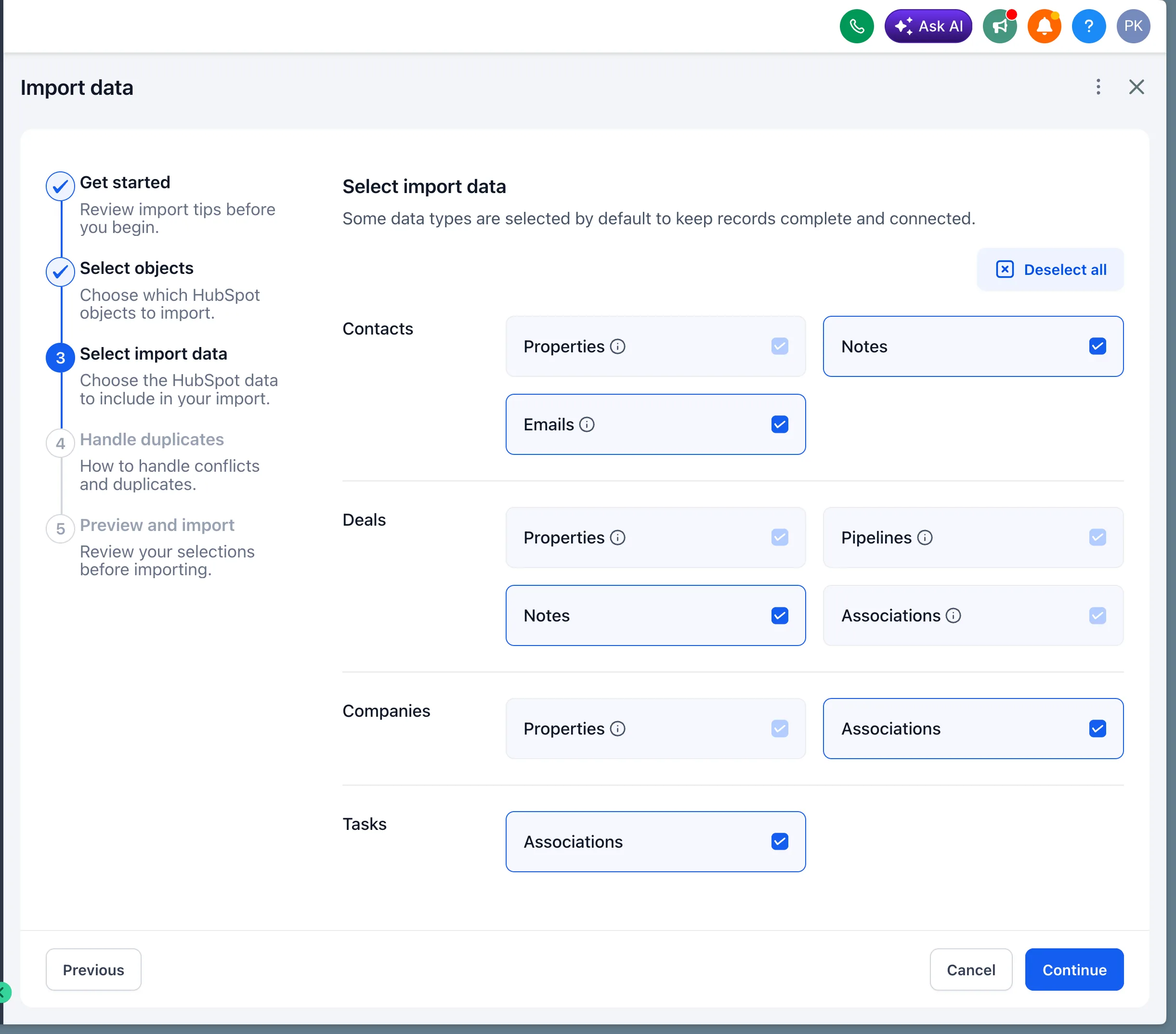 Selección de los datos a importar desde HubSpot
