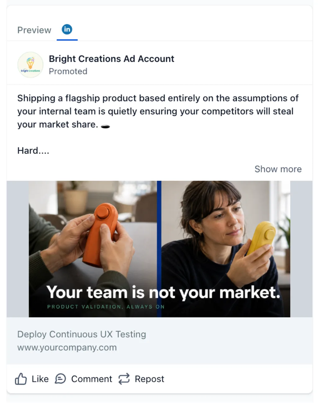 Testeo de productos — aviso de LinkedIn